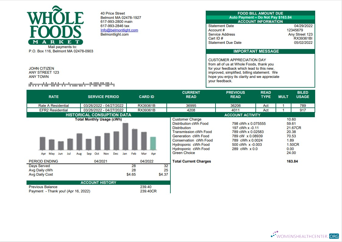 download download USA Whole Foods Market utility bill template in Word and PDF format PDF template PDF template